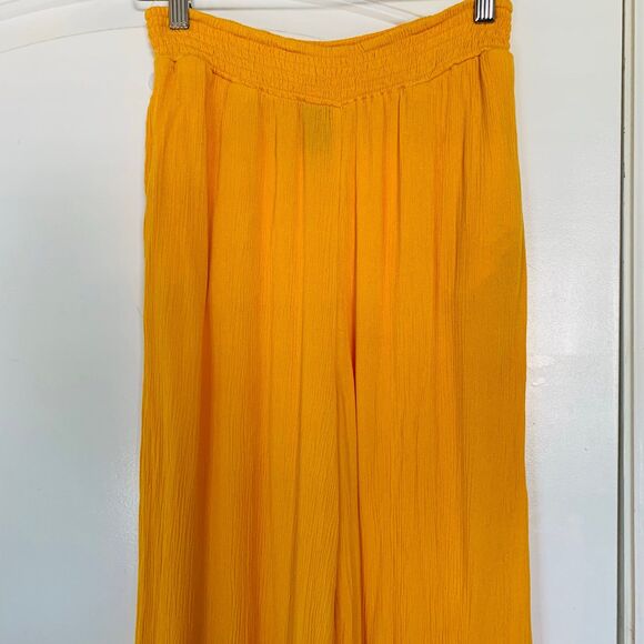 Forever 21 Golden Yellow Flowy High Waisted Linen Pants (Swim Coverup Bottoms) L - Picture 2 of 7